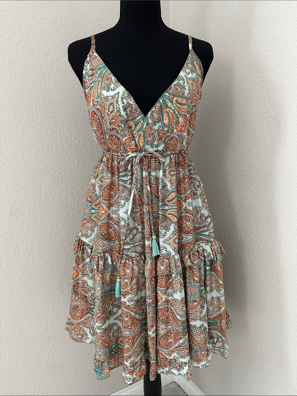 Mint Paisley Spaghetti-Strap Mini Dress with Drawstring Waist